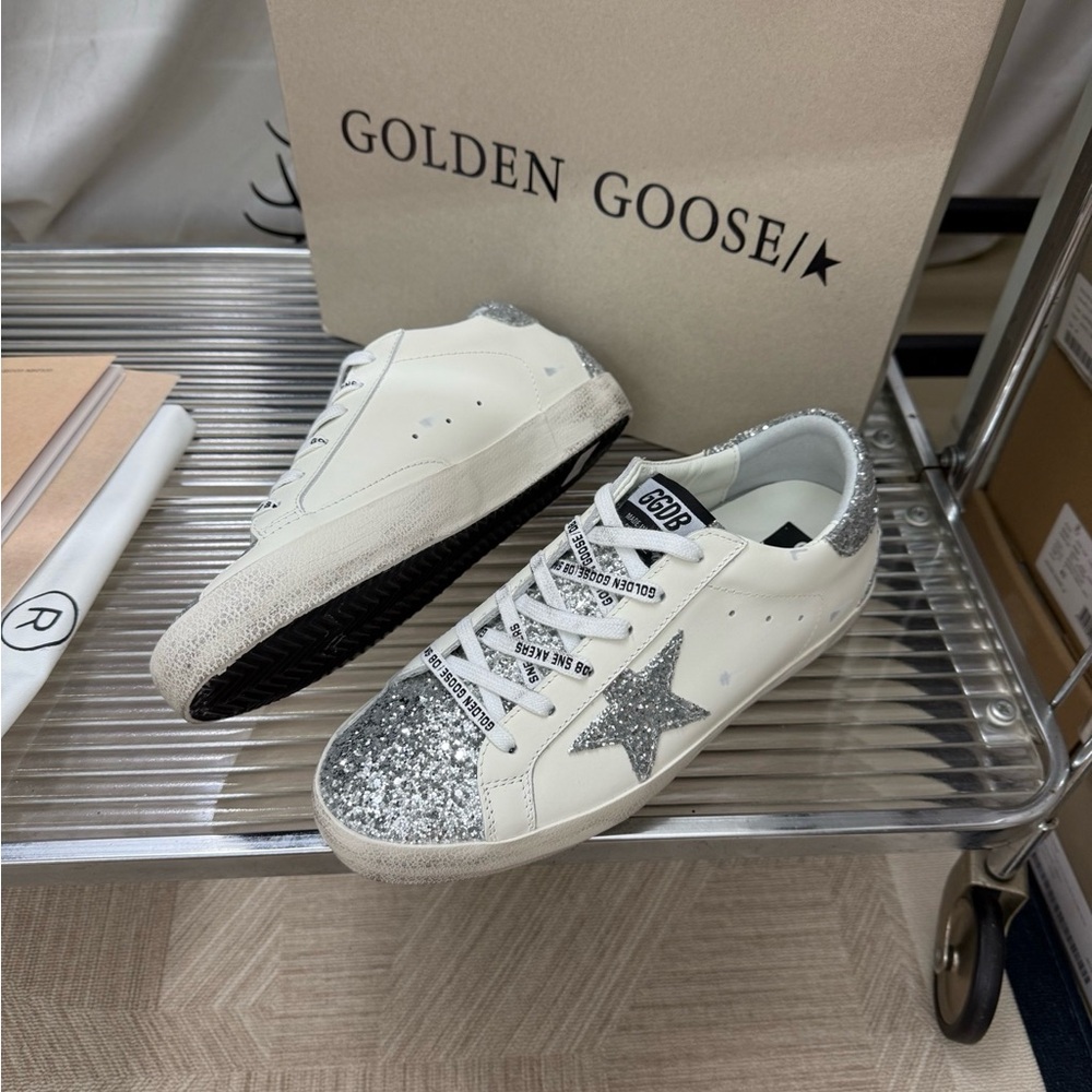 Golden Goose White Sneakers with Silver Glitter Star and Toe Cap